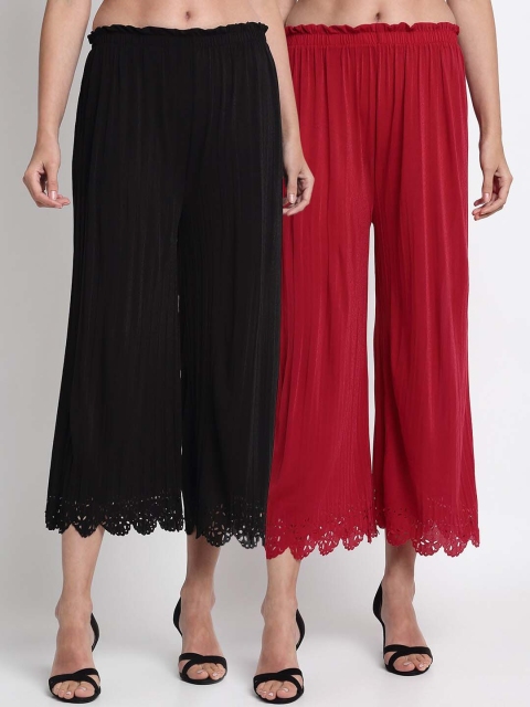 NEUDIS Women Pack Of 2 Black & Red Regular Fit Solid Culottes