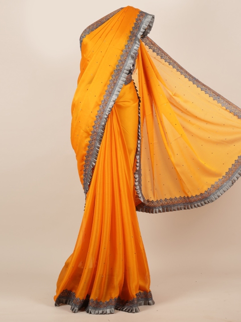 Pothys Yellow Solid Poly Georgette Saree