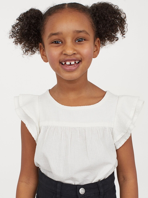 H&M Girls White Solid Flutter-Sleeved Blouse