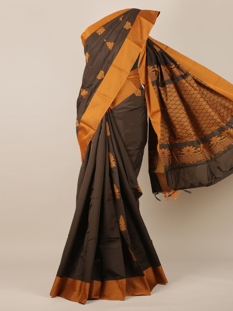 Pothys Brown & Orange Silk Cotton Printed Saree With Tasseled Pallu