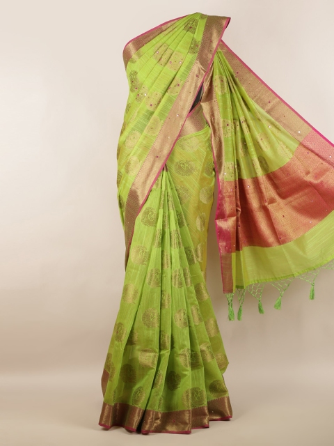 Pothys Green & Gold-Toned Cotton Blend Woven Design Saree