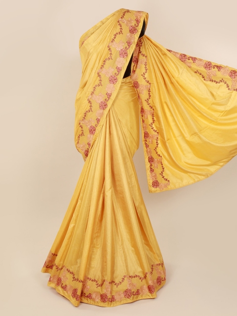 Pothys Yellow Solid Silk Blend Saree