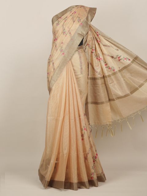 Pothys Beige Embroidered Tissue Saree