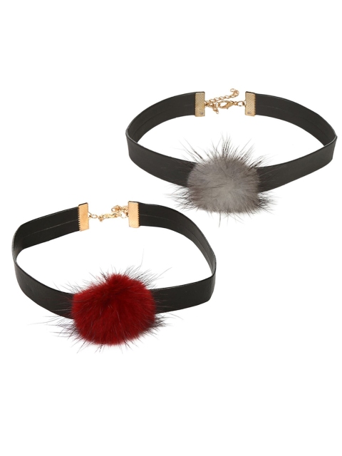 Blueberry Set of 2 Metal Gold-Plated Leather Handcrafted Chokers, Black
