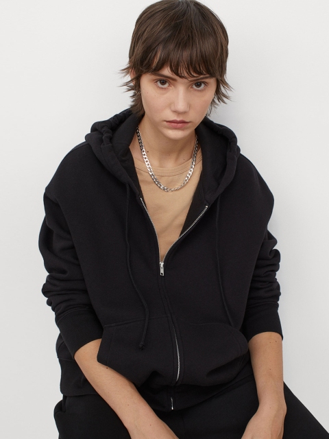 H&M Women Black Solid Zip-through hoodie