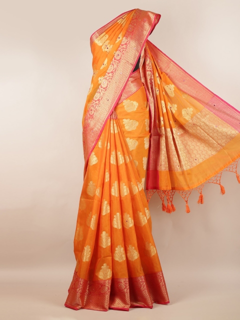Pothys Orange Embellished Cotton Blend Saree