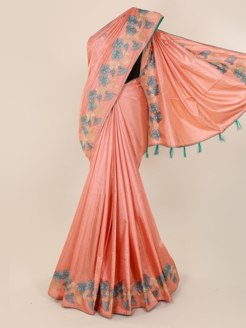 Pothys Peach-Coloured Solid Silk Cotton Saree With Tasseled Pallu