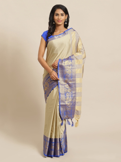 Mitera Beige Silk Blend Solid Banarasi Saree