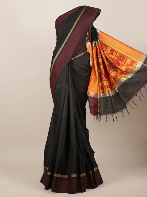 Pothys Black & Maroon Jute Silk Colourblocked Saree