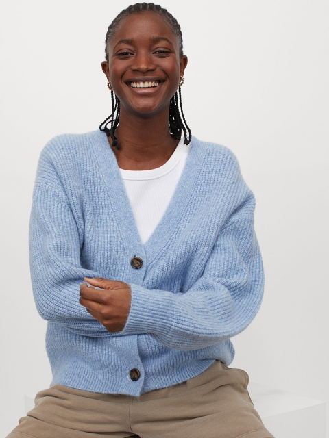 H&M Women Blue Rib-Knit Cardigan