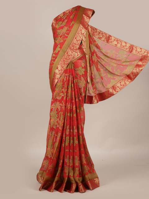 Pothys Red & Gold-Toned Poly Georgette Printed Saree With Zari Border