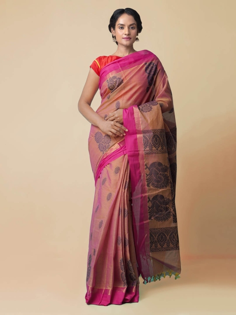 Unnati Silks Pink Pure Cotton Woven Design Handloom Uppada Saree