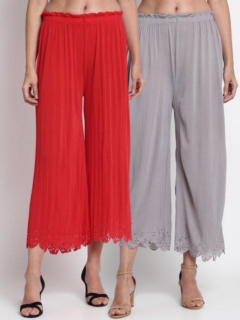 NEUDIS Women Pack Of 2 Solid Wide Leg Palazzos, Red