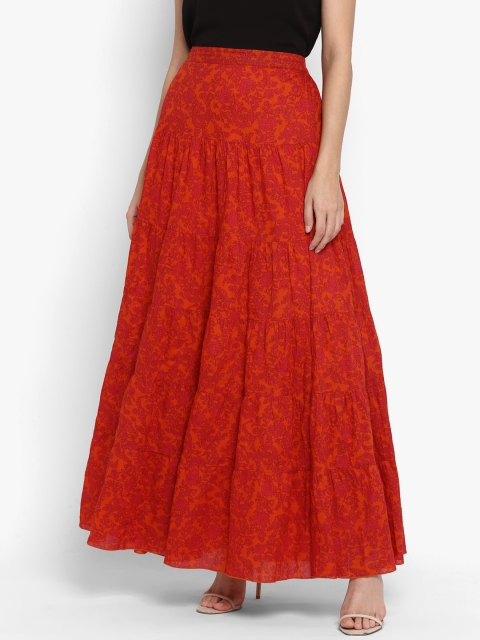 NIZA Women Orange & Red Printed Tiered Maxi Skirt