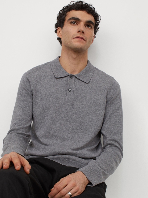 H&M Men Grey Solid Cotton Polo Shirt