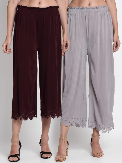 NEUDIS Women Pack Of 2 Grey & Maroon Solid Culottes