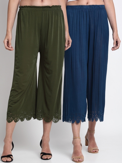 NEUDIS Women Blue & Olive Green Hem Design Straight Palazzos