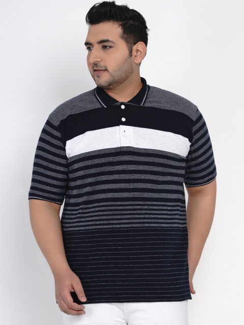 John Pride Men Navy Blue Striped Polo Collar T-shirt