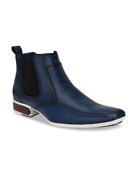 Hitz Men Blue Solid Leather Mid-Top Flat Boots