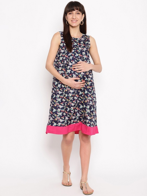 The Vanca Women Navy Blue Printed A-Line Maternity Dress