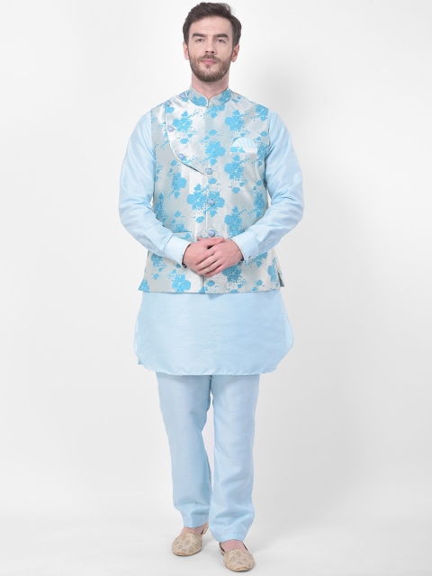 SG RAJASAHAB Men Turquoise Blue Regular Raw Silk Kurta with Churidar