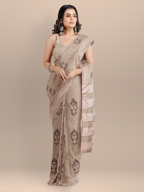 BharatSthali Brown Silk Cotton Embroidered Mangalagiri Saree
