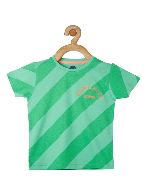 VITAMINS Boys Green Striped Round Neck T-shirt