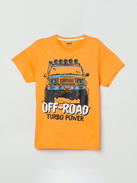 max Boys Orange Printed Round Neck Cotton T-shirt