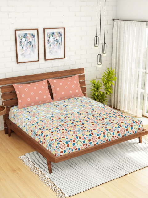 SPACES Pink & Blue Geometric 144 TC Cotton 1 King Bedsheet with 2 Pillow Covers