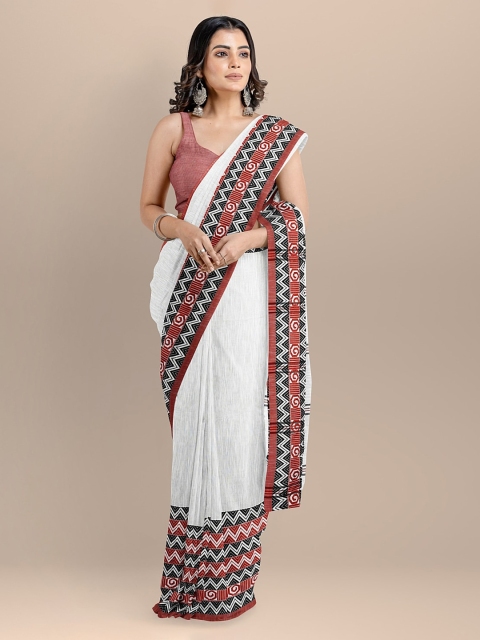 BharatSthali White Pure Cotton Solid Sambalpuri Saree