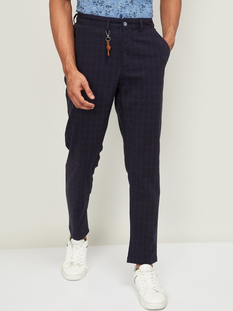 CODE by Lifestyle Men Navy Blue Slim Fit Checked Regular Trousers