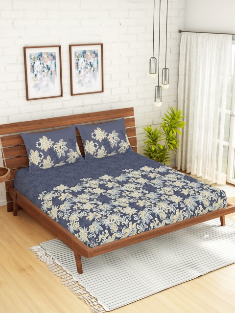 SPACES Grey & Off-White Floral 144 TC Cotton 1 King Bedsheet with 2 Pillow Covers