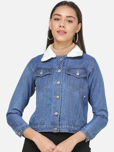 DECHEN Women Blue Solid Denim Jacket