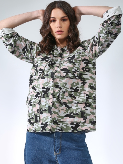Blue Saint Women White & Green Printed Lightweight Open Front Jacket