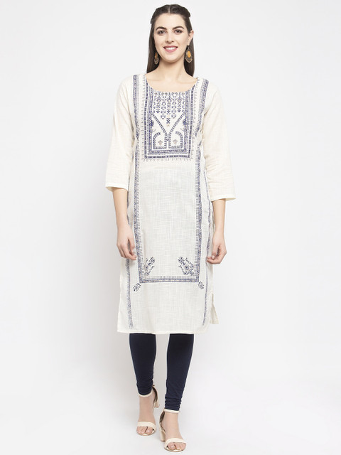 KHALOM Women Off-White & Blue Printed Straight Kurta 
KHALOM Women Off-White & Blue Printed Straight Kurta