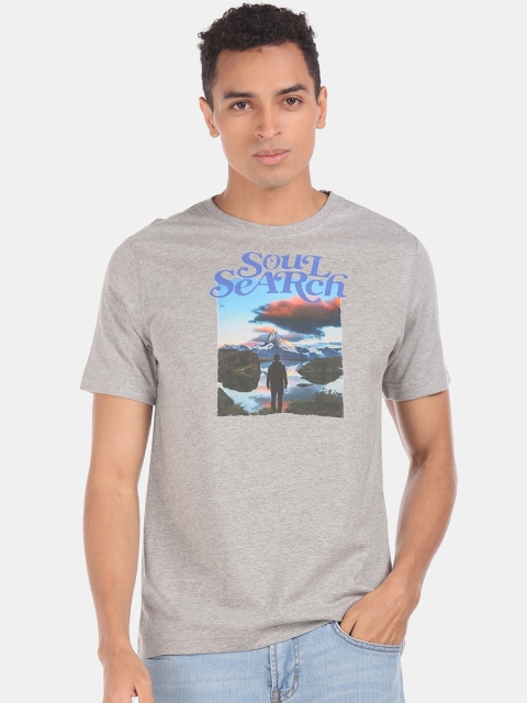 Colt Men Grey Printed Round Neck Cotton T-shirt