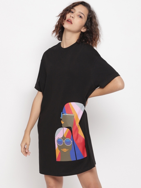LA LOFT Women Black Printed T-shirt Dress
