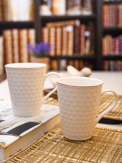 White Gold Set Of 2 White & Gold-Toned Textured Porcelain Mugs