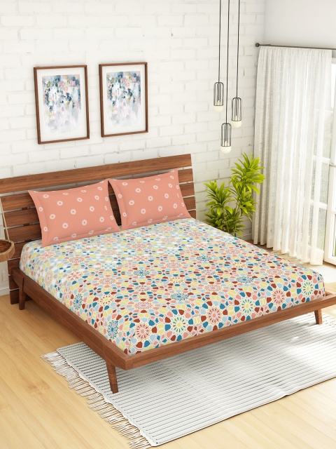 SPACES Peach-Coloured & Blue Geometric 144 TC Cotton 1 Queen Bedsheet with 2 Pillow Covers
SPACES Peach-Coloured & Blue Geometric 144 TC Cotton 1 Queen Bedsheet with 2 Pillow Covers