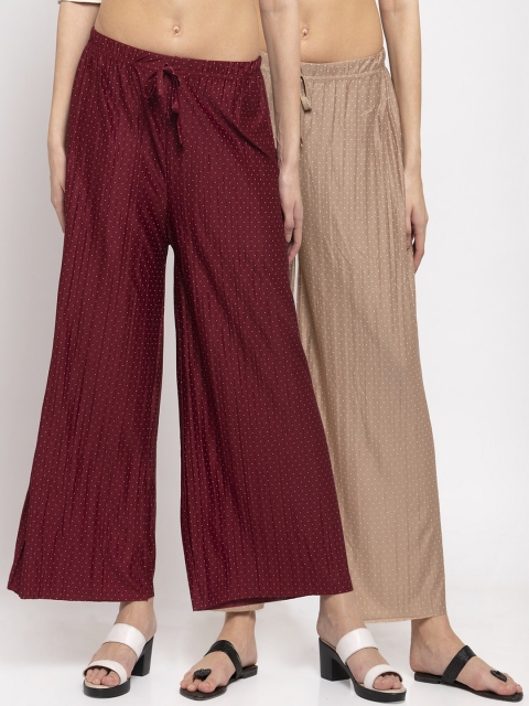 NEUDIS Women Pack of 2 Maroon & Beige Polka Dots Printed Wide Leg Palazzos