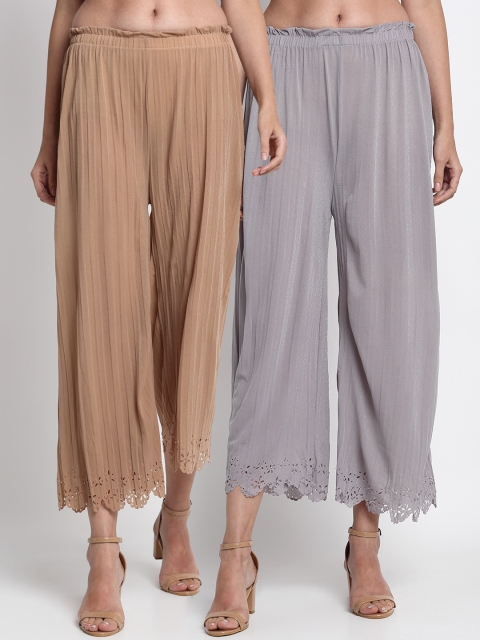 NEUDIS Women Pack Of 2 Hem Design Wide Leg Palazzos, Grey