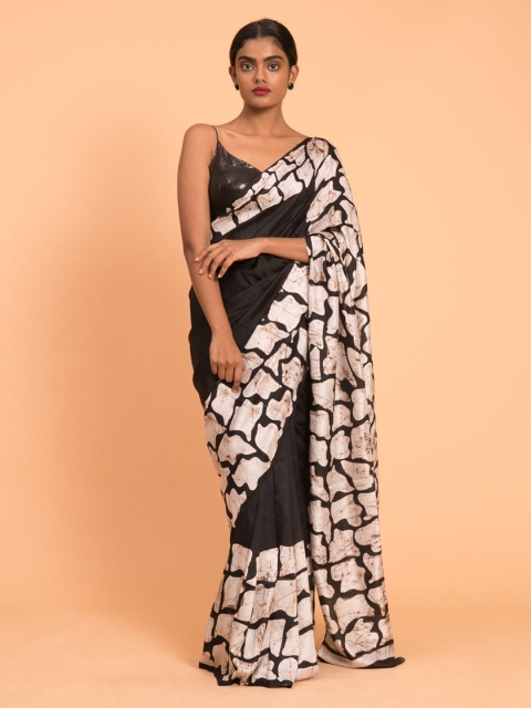 Suta Black & Off-White Silk Batik Dyed Saree