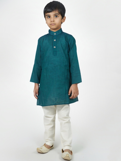 mittenbooty Boys Green & White Striped Kurta with Pyjamas