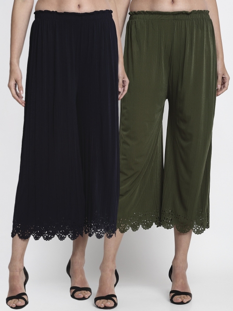 NEUDIS Women Pack of 2 Olive Green & Black Pleated Solid Culottes