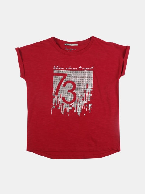 Pepe Jeans Girls Red Printed Round Neck T-shirt