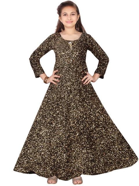 Aarika Girls Black & Gold-Coloured Embellished Maxi Gown