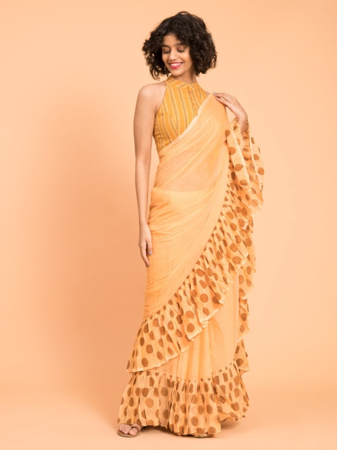 Suta Orange Solid Handloom Pure Cotton Saree with Polka Printed Ruffle Border