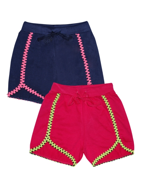KiddoPanti Girls Pink & Navy Blue Set of 2 Solid Regular Fit Shorts