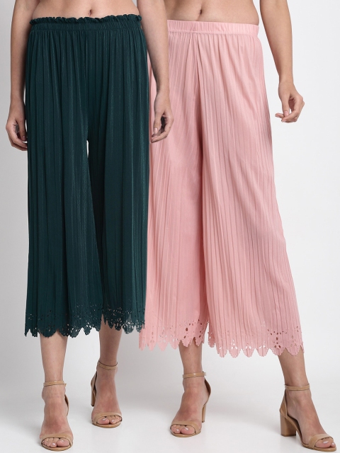 NEUDIS Women Pack Of 2 Green & Pink Regular Fit Solid Culottes