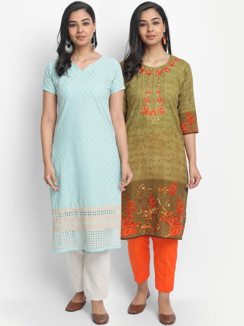 7Threads Women Pack of 2 Embroidered Thread Work Kurtas, Blue